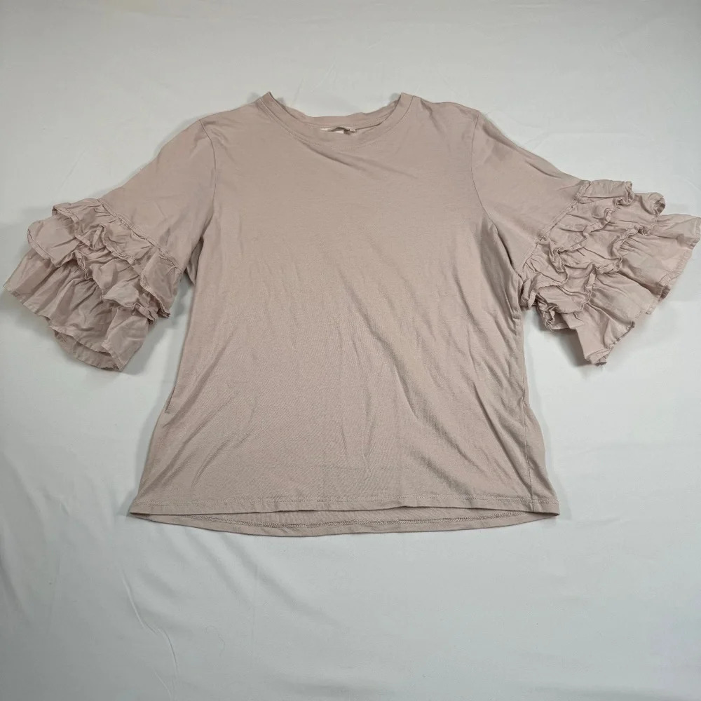 H&M 3/4 Ruffle Sleeve Top Womens Size Small Pink Crew Neck